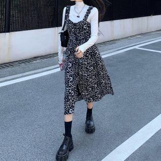 Plain Long-sleeve T-shirt / Leopard Print Midi Pinafore Dress