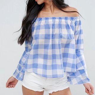 Layered-sleeve Off-shoulder Check Top