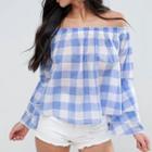 Layered-sleeve Off-shoulder Check Top