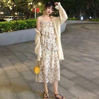 Open Front Long Cardigan / Flower Print Spaghetti Strap Midi Shift Dress