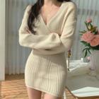 Long-sleeve V-neck Knit Sweater Mini Dress