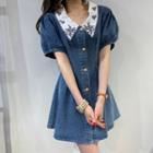 Puff-sleeve Floral Embroidered Denim Dress