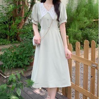 Short-sleeve Peter Pan Collar Midi Dress Light Green - One Size