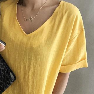 V-neck Linen Blend Long Boxy Dress