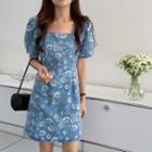 Puff-sleeve Floral Print A-line Denim Dress Light Blue - One Size