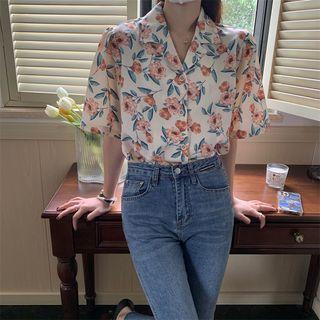 Short-sleeve Floral Shirt Orange Flowers - White - One Size