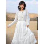 Long-sleeve Crochet Panel Midi A-line Dress