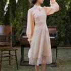 Long-sleeve Mandarin Collar Lace Midi A-line Dress