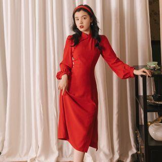 Long-sleeve Plain Slit Midi Sheath Qipao Dress
