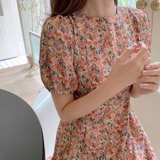 Tie-waist A-line Midi Floral Dress Beige - One Size