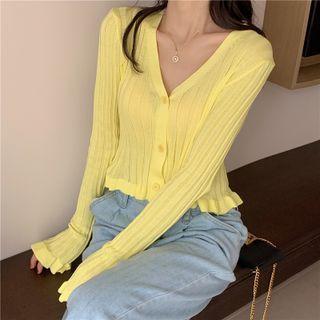 Long Sleeve Frilled Crop Knit Cardigan