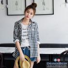 Long-sleeve Embroidered-flower Check Blouse