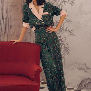 Set: Stand-collar Plaid Button Blazer + Plaid Wide-leg Pants