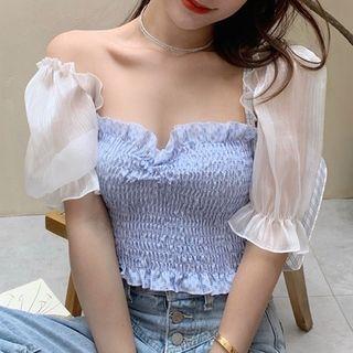 Mesh Panel Ruched Puff-sleeve Top As Shown In Figure - One Size