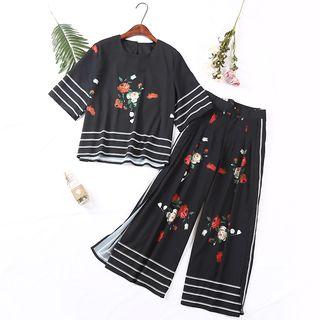 Set: Short-sleeve Flower Print Chiffon Top + Wide Leg Pants