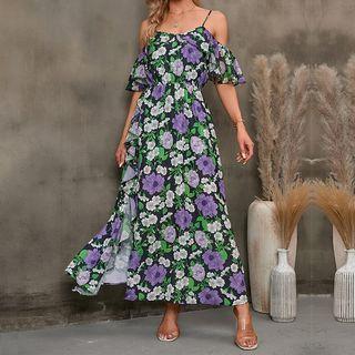 Short-sleeve Cold-shoulder Floral Slit Maxi A-line Dress