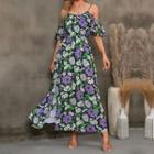 Short-sleeve Cold-shoulder Floral Slit Maxi A-line Dress