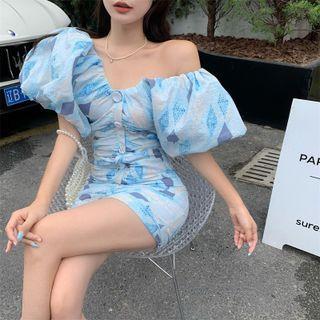 Puff-sleeve Patterned Mini Sheath Dress