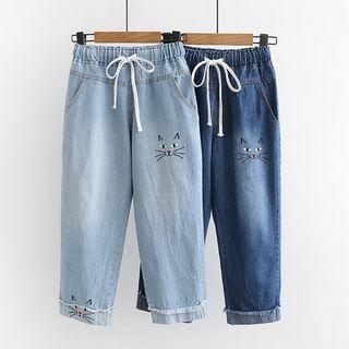 Cat Embroidered Cropped Straight-cut Jeans