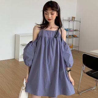 Cold-shoulder Puff-sleeve Mini A-line Dress Dress - Purple - One Size