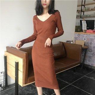 V-neck Knit Sheath Dress