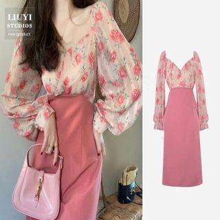 Puff-sleeve Floral Panel Midi Sheath Dress