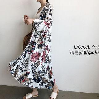 Bell-sleeve Foliage Maxi Robe Cardigan