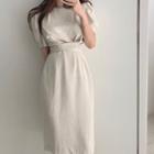 Tie-waist Puff-sleeve Midi A-line Linen Dress