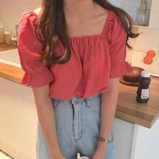 Plaid Puff-sleeve Top Red - One Size