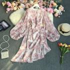 Puff-sleeve Flower Print Asymmetrical A-line Dress