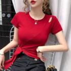 Plain Short-sleeve Cutout Tie-hem Cropped T-shirt