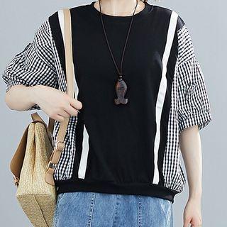 Elbow-sleeve Gingham Panel Blouse Black - One Size