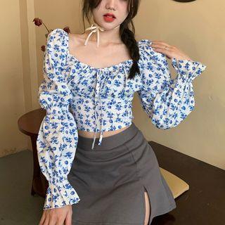 Long-sleeve Square-neck Floral Shirt