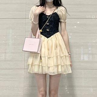 Puff-sleeve Paneled A-line Layered Dress