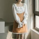 Set: Long-sleeve Blouse + Mini A-line Tweed Pinafore Dress