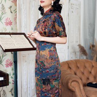 Short-sleeve Printed Midi Qipao