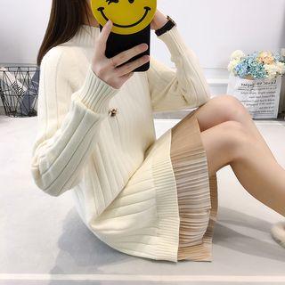 Pleated Hem Mock Neck Long Sleeve Knit Dress