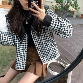 Long-sleeve Collar Houndstooth Cardigan