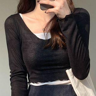 Set: Long-sleeve Plain Cropped T-shirt + Camisole Top