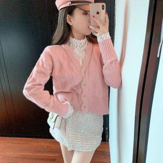 Long-sleeve Mock-neck Lace Top / Cropped Cardigan / Knit Mini A-line Skirt