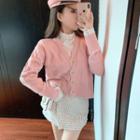 Long-sleeve Mock-neck Lace Top / Cropped Cardigan / Knit Mini A-line Skirt