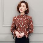 Mock Collar Feather Patterned Blouse / Pants