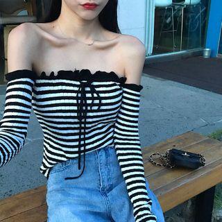 Long-sleeve Off-shoulder Striped Knit Top Black - One Size
