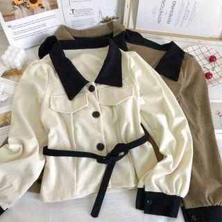 Contrasted Puff-sleeve Slim-fit Shirt With Belt