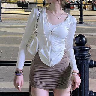 Hooded Zip Jacket / Drawstring Mini Pencil Skirt
