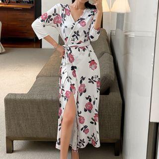 3/4-sleeve Floral Print Tie-waist Midi A-line Dress