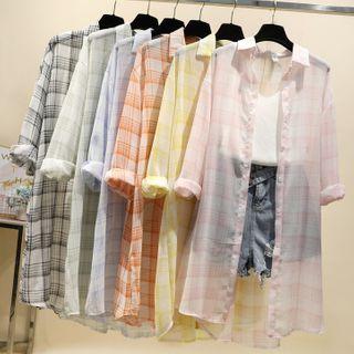 Long-sleeve Sheer Plaid Chiffon Shirt