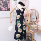 V-neck Printed Flower High Waist Split Chiffon Vest Dress