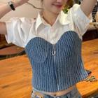 Short-sleeve Denim Panel Cropped Blouse