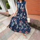 Sleeveless Floral Print Ruffle-hem Dress Navy Blue - One Size